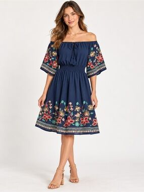 Embroidered Off-Shoulder Navy Mini Dress